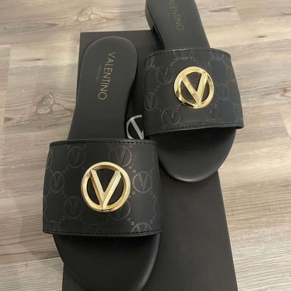 Valentino Black Slide Sandals with Gold V Logo